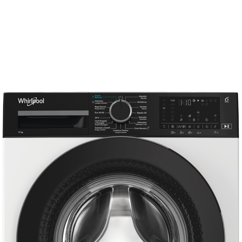 Vista frontal de una lavadora blanca Whirlpool con panel de control y puerta negros.