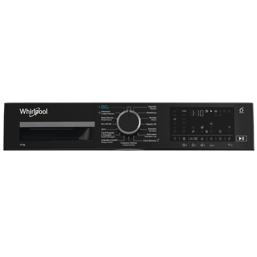 Panel de control de lavadora Whirlpool negra con selección de programas.