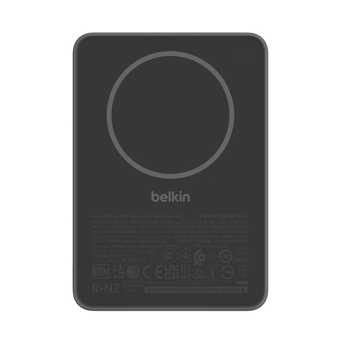 Batería externa Belkin negra con logo circular y texto.
