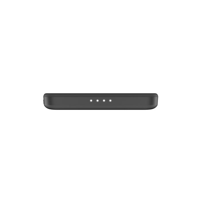 Dispositivo rectangular plano negro con cuatro luces indicadoras de carga blancas.