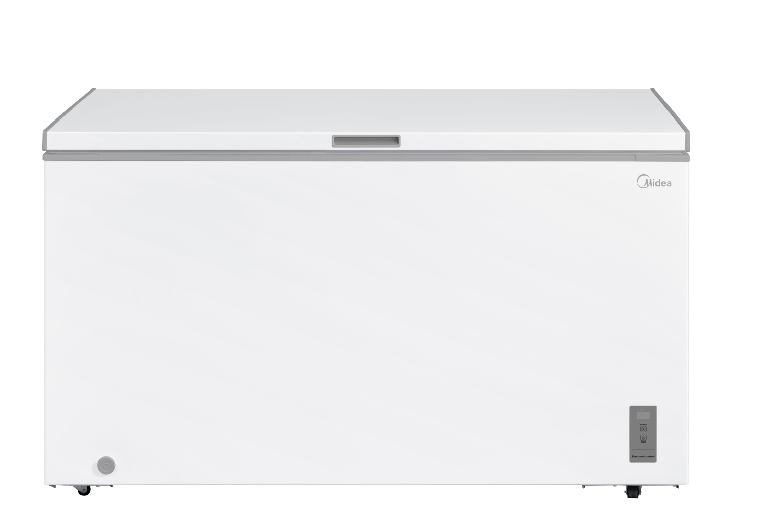 Un congelador horizontal blanco con logo Midea y controles digitales.