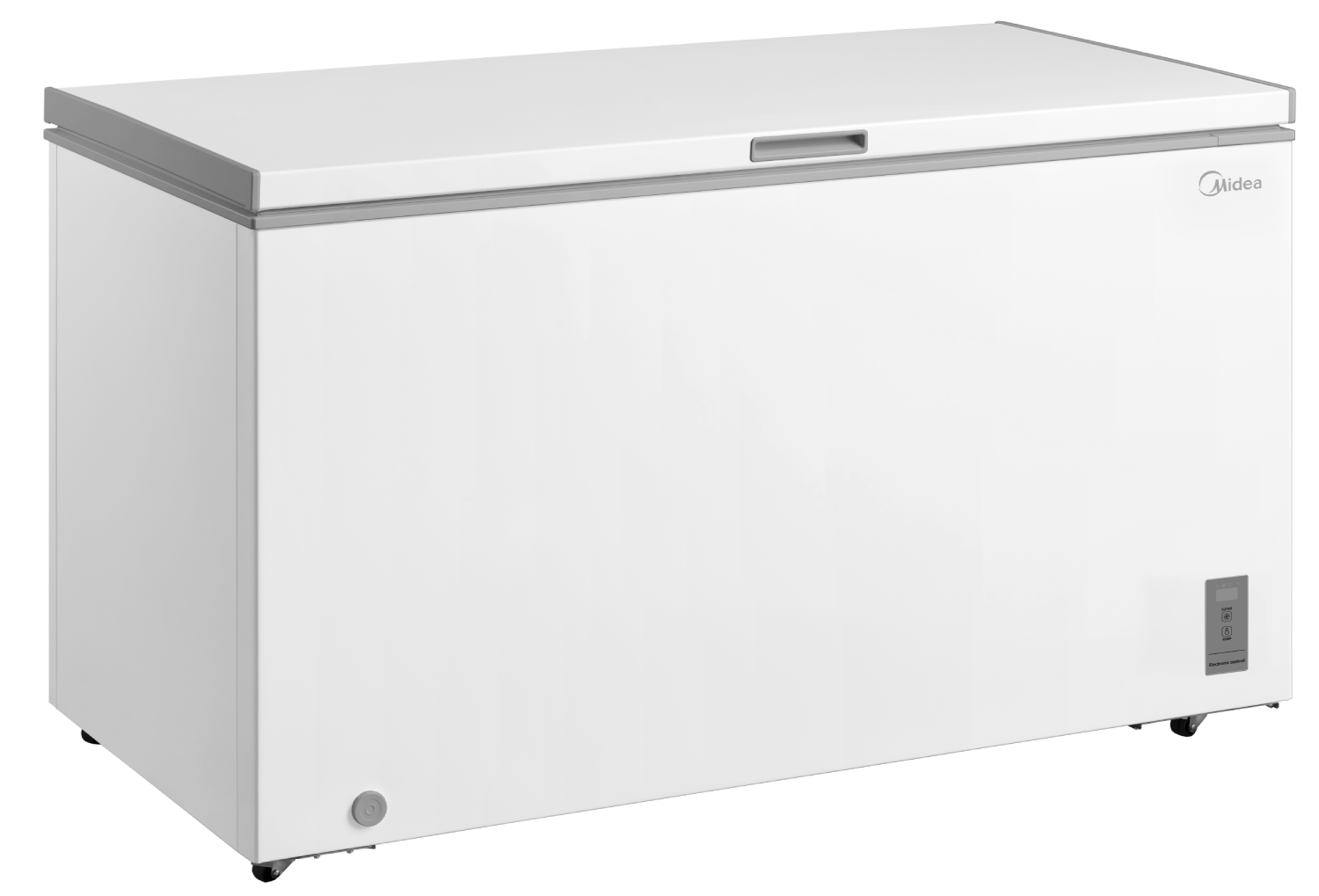 Un congelador horizontal Midea blanco con borde y asa grises.