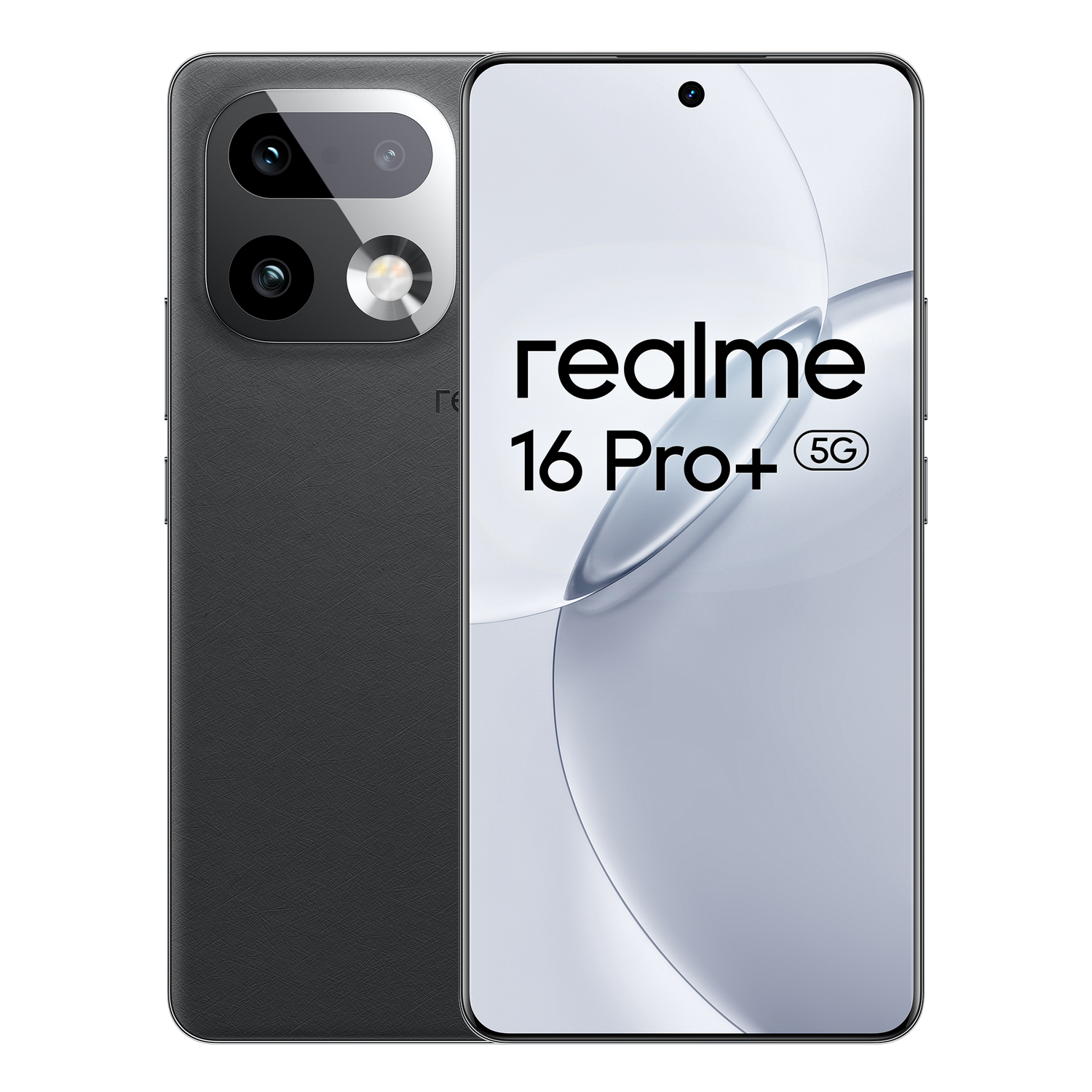 Smartphone Realme 16 Pro+ 5G negro con triple cámara trasera y flash.