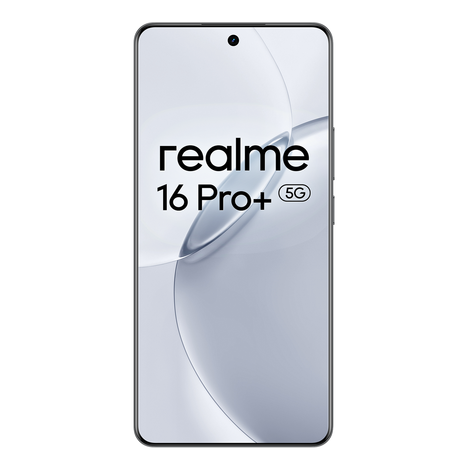 Un smartphone Realme 16 Pro+ 5G sobre fondo plateado.
