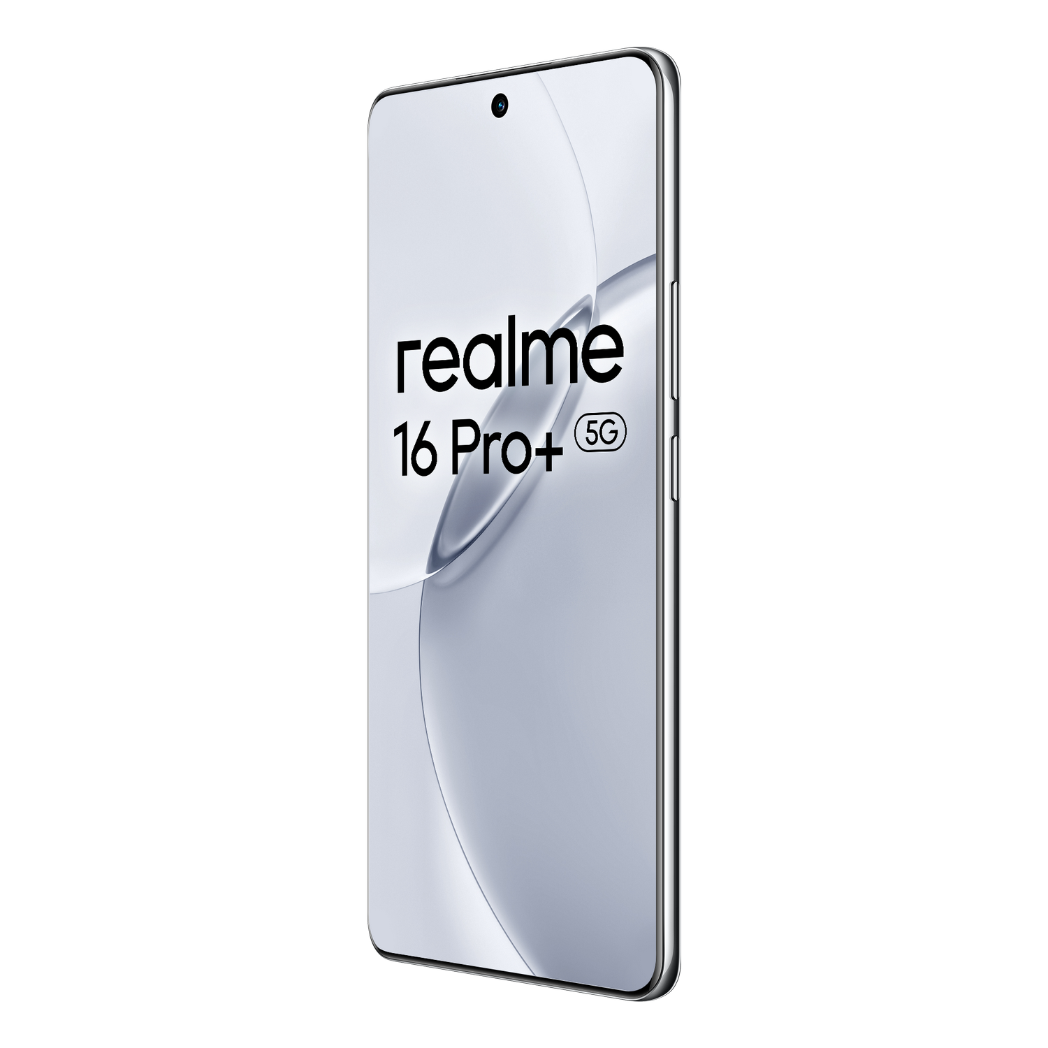 Un smartphone plateado Realme 16 Pro+ 5G con un diseño moderno.