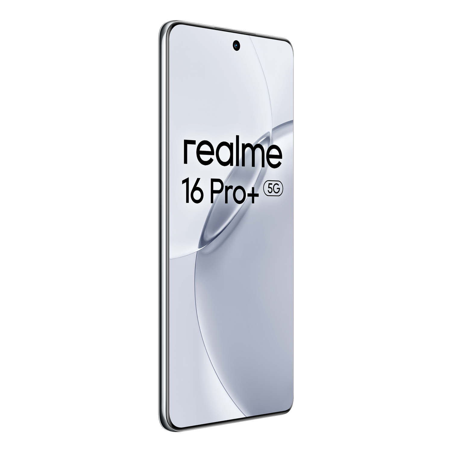 Un smartphone Realme 16 Pro+ 5G plateado sobre un fondo estilizado.