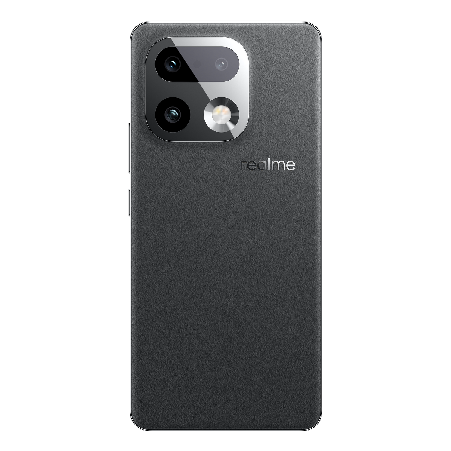 Parte trasera de un smartphone oscuro con tres cámaras y logo Realme.