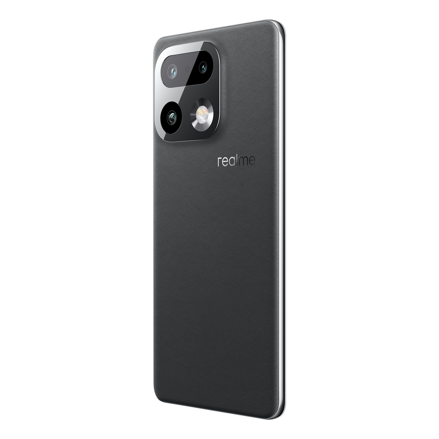 Smartphone gris oscuro con tres cámaras y logo de Realme en la parte trasera.