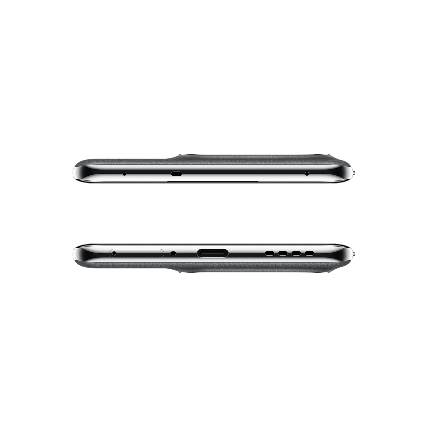 Primer plano de dos lados de un smartphone sobre fondo gris.