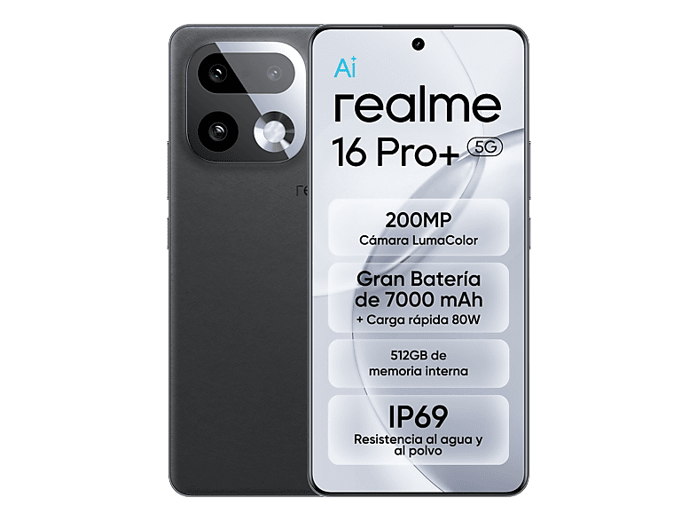 realme 16 Pro+, Master Grey, 512 GB, 12 GB RAM, 6.8 HyperGlow 4D Curve+ de 144Hz, Qualcomm Snapdragon 7 Gen 4, 7000 mAh