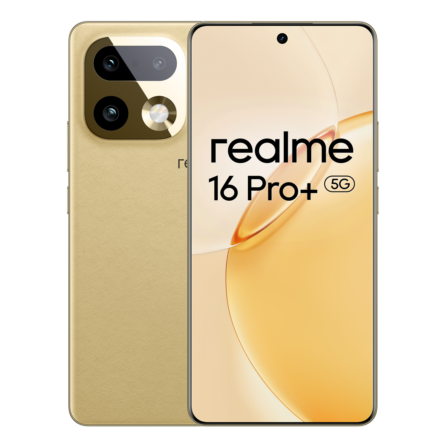 Parte trasera y frontal dorada del móvil Realme 16 Pro+ 5G con cámaras.