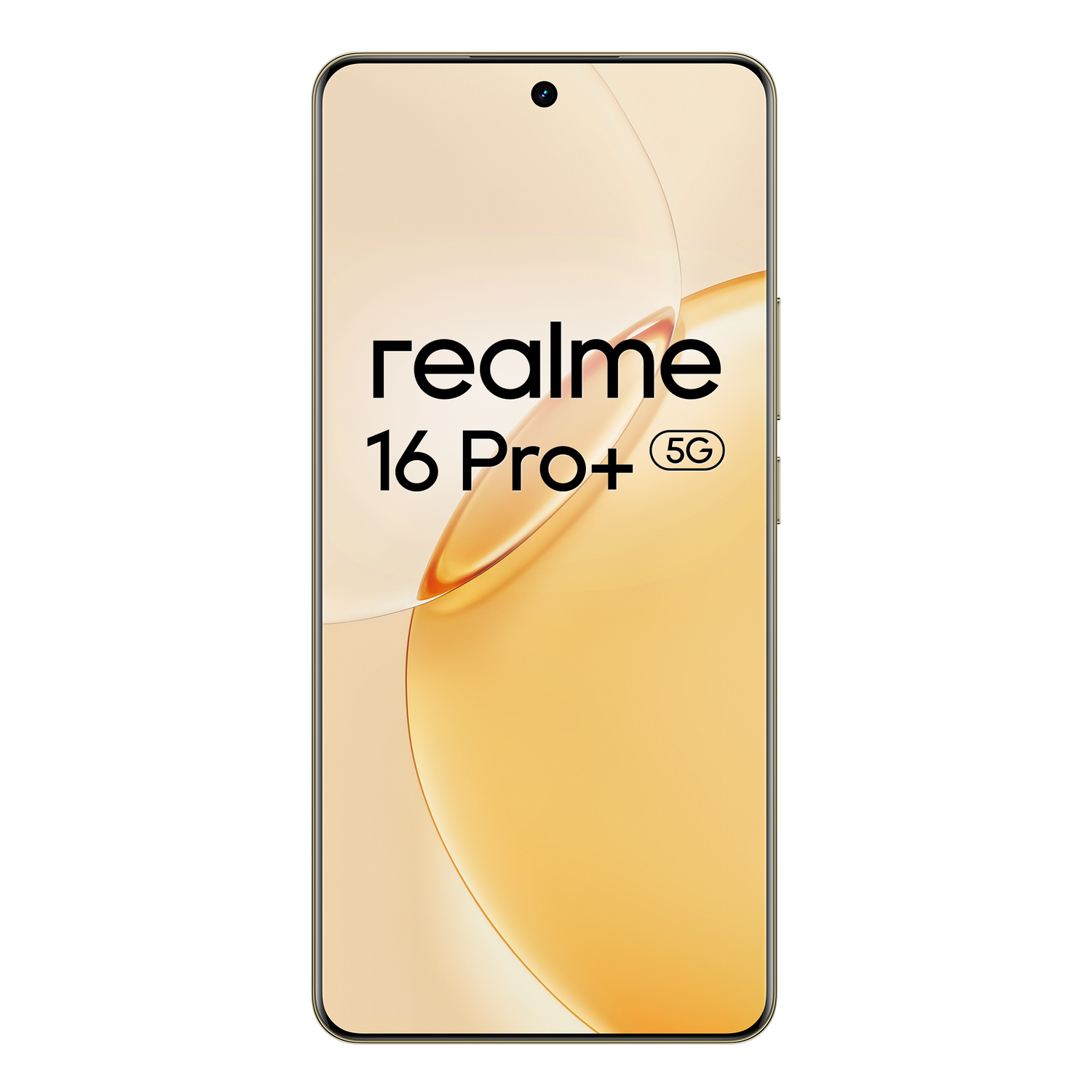 Un smartphone Realme 16 Pro+ 5G sobre un fondo dorado.