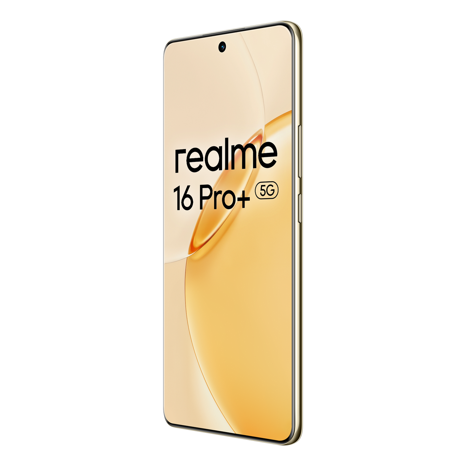 Un smartphone Realme 16 Pro+ 5G dorado, mostrado de lado.