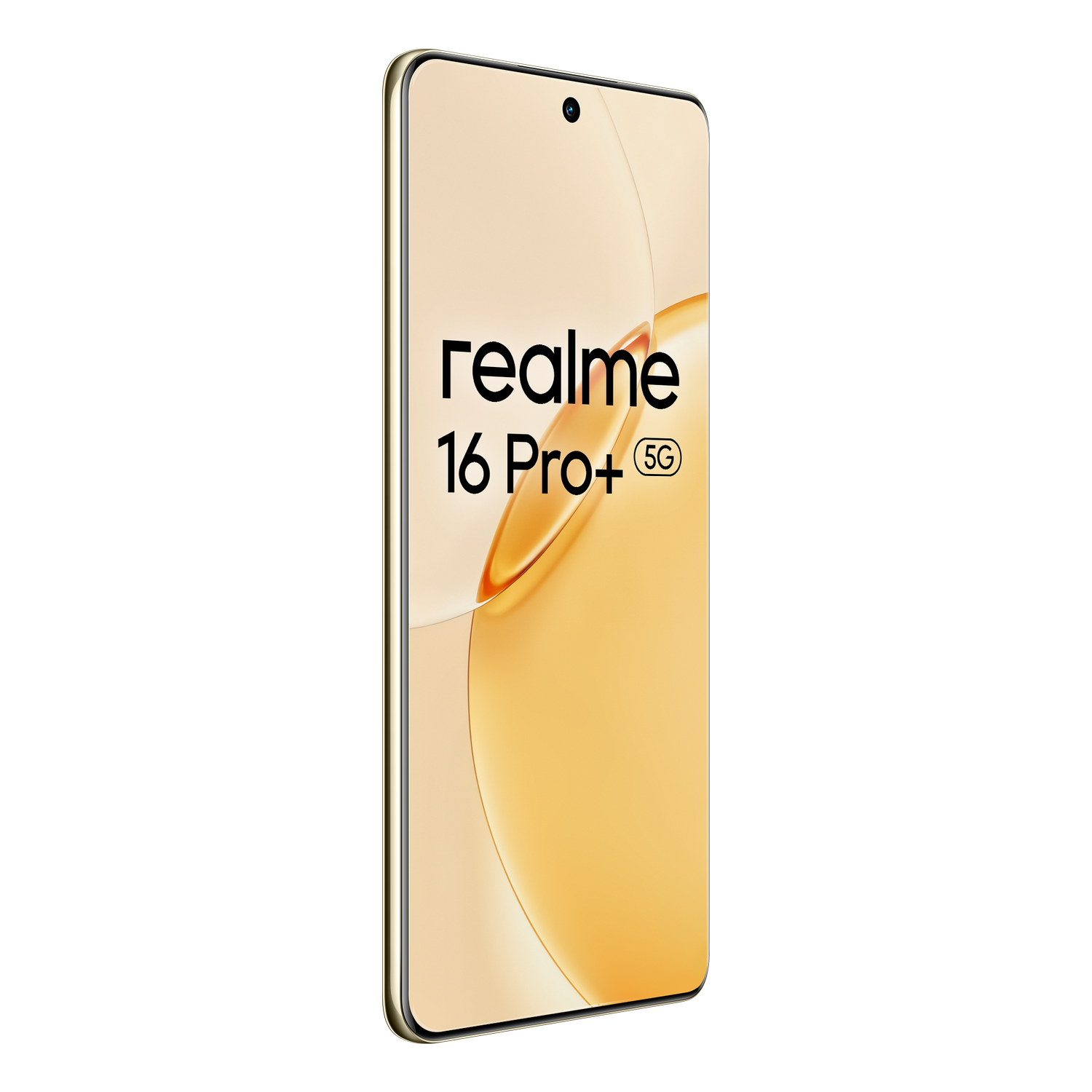 Un smartphone Realme 16 Pro+ 5G dorado con el logo de Realme en la pantalla.