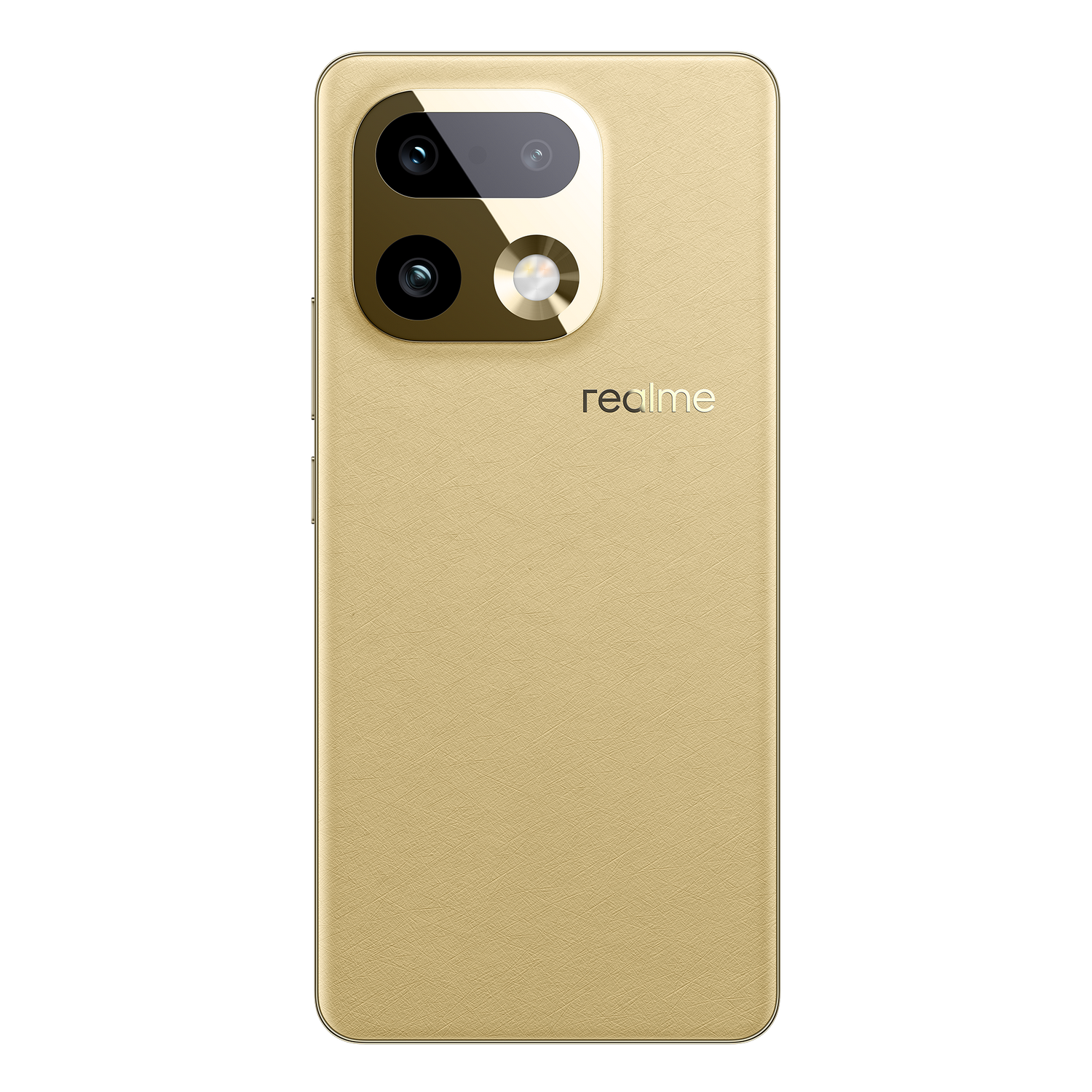 Parte trasera de smartphone dorado con módulo de cámara rectangular y logo Realme.