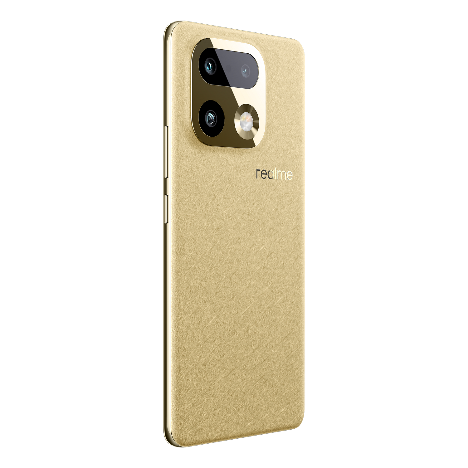 Smartphone dorado con tres cámaras y logo de Realme sobre fondo negro.