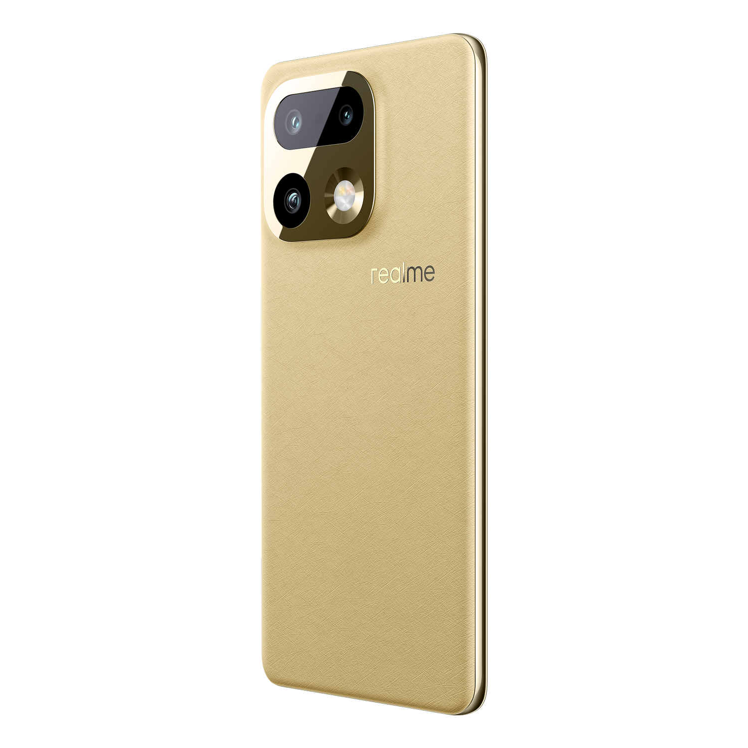Parte trasera dorada de smartphone con triple cámara y logo de Realme.