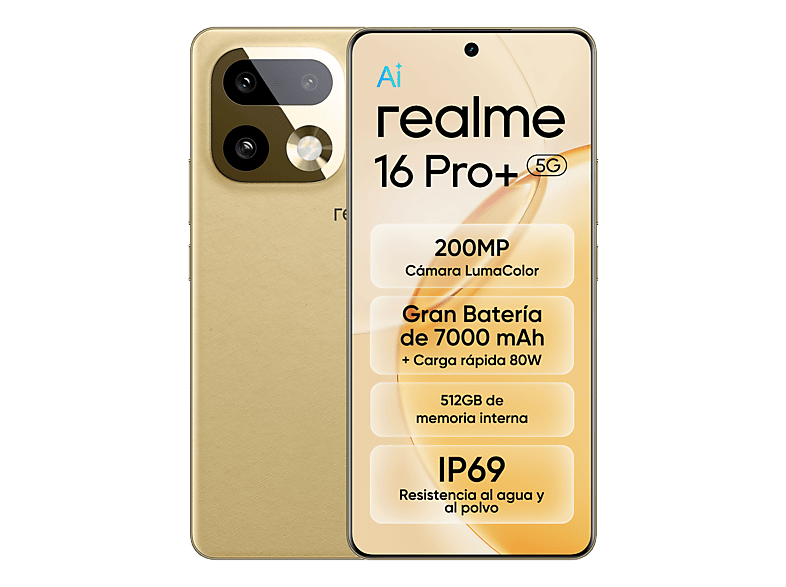 realme 16 Pro+, Master Gold, 512 GB, 12 GB RAM, 6.8 HyperGlow 4D Curve+ de 144Hz, Qualcomm Snapdragon 7 Gen 4, 7000 mAh
