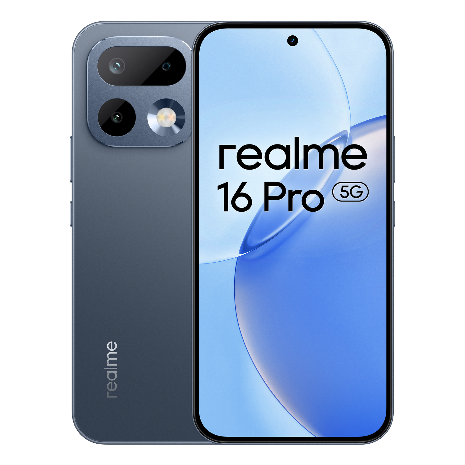 Smartphone azul Realme 16 Pro 5G mostrado de frente y de espalda con módulo de cámara.