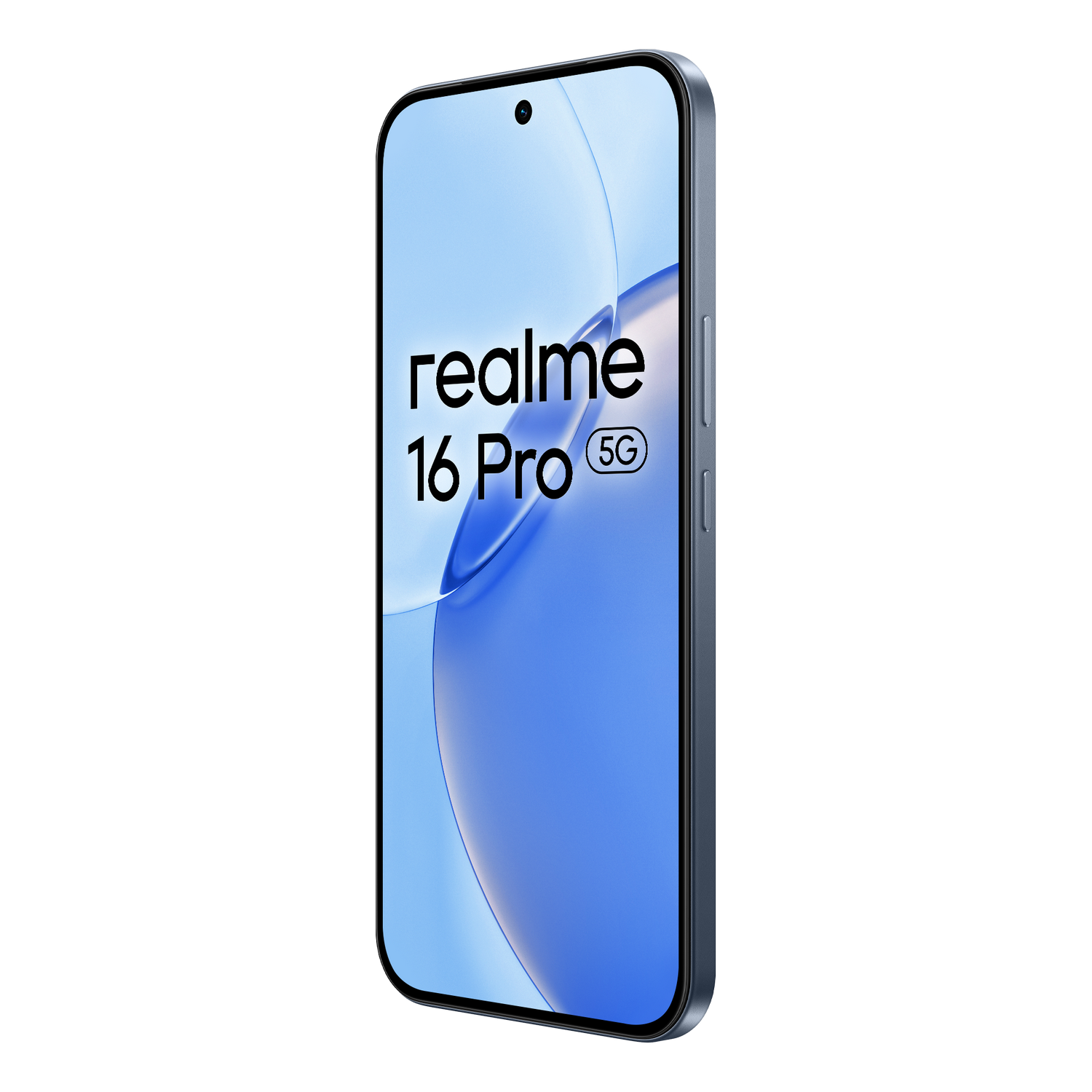Un smartphone Realme 16 Pro 5G gris con fondo azul.