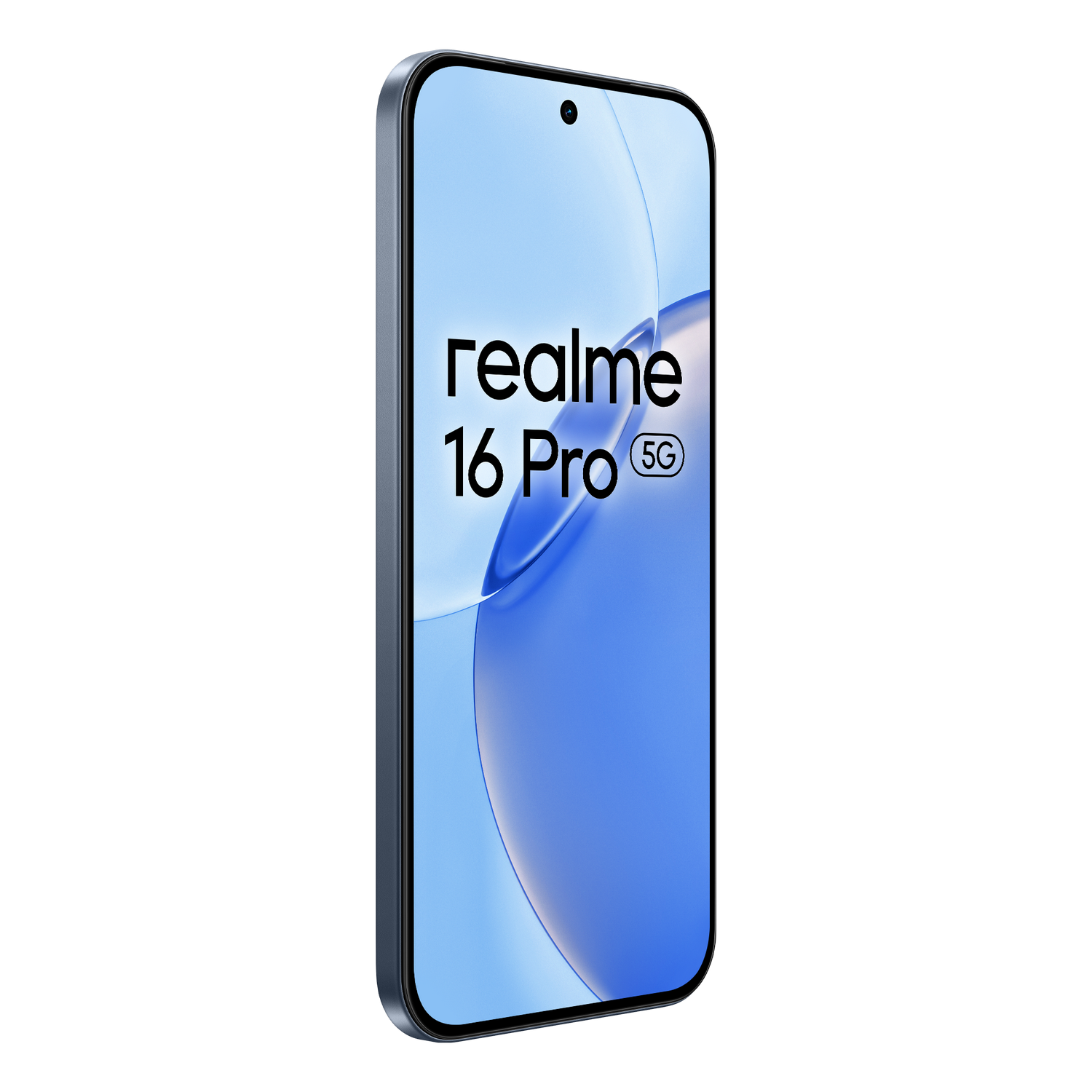 Se muestra un smartphone Realme 16 Pro 5G con fondo azul.
