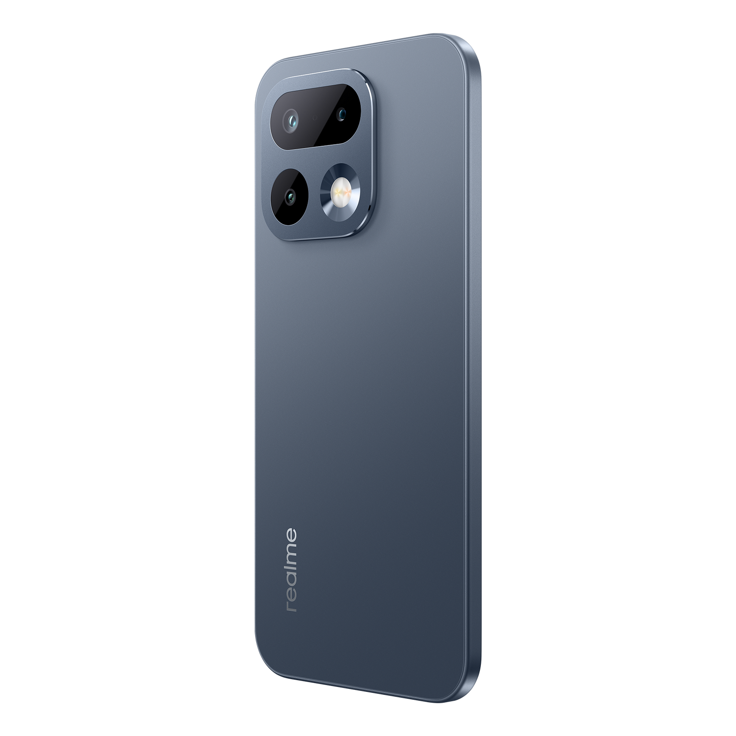 Teléfono inteligente gris con isla de cámara y logo de Realme atrás.