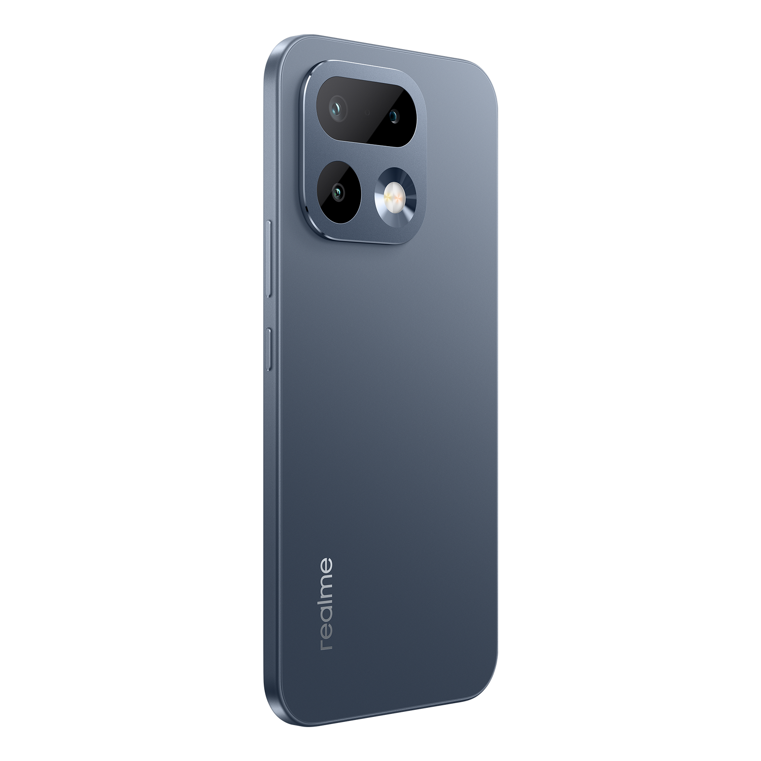 Un smartphone Realme azul con tres lentes de cámara y flash.