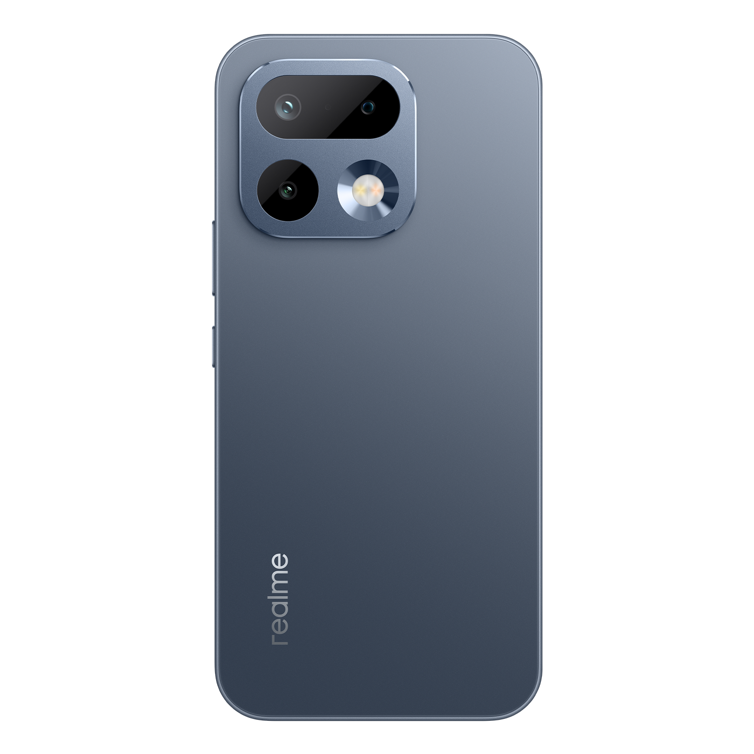 Parte trasera de un smartphone azul con tres cámaras y flash.
