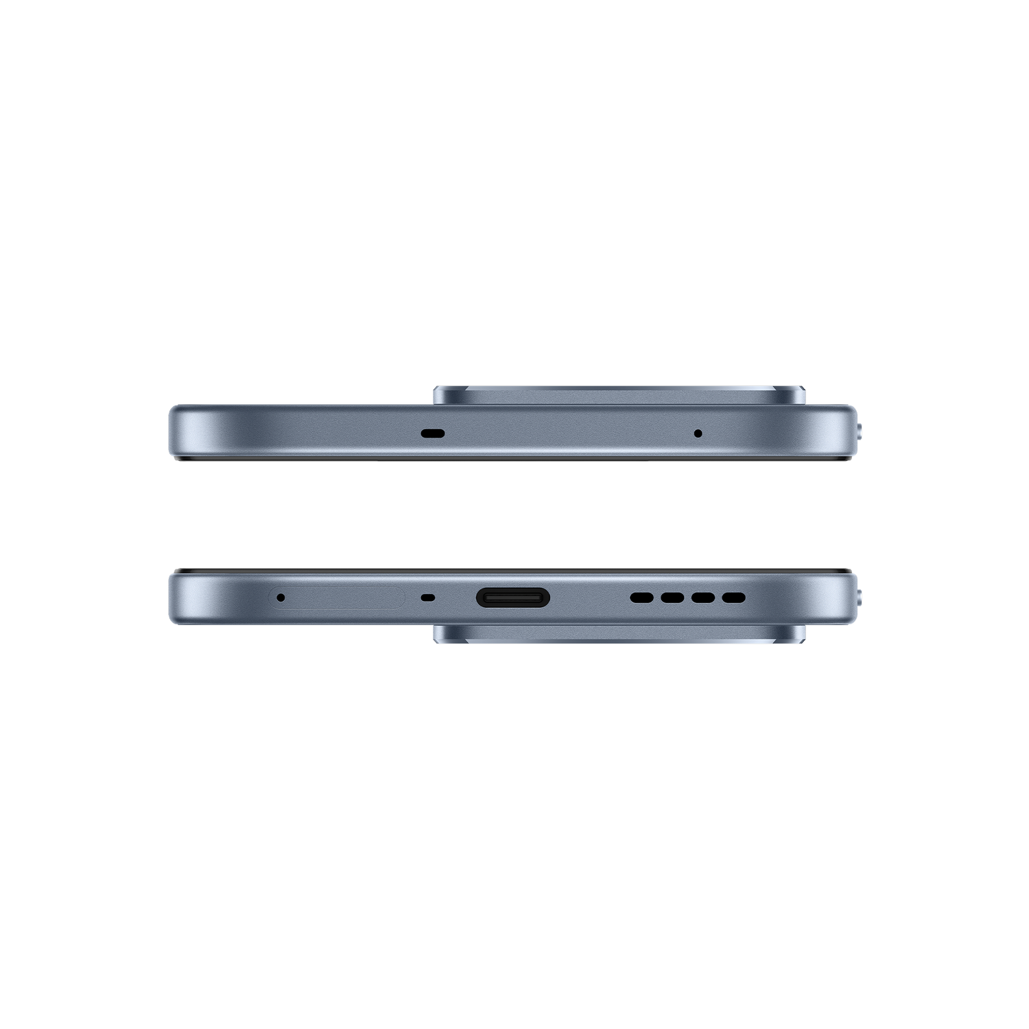 Dos teléfonos inteligentes azules, uno al lado del otro. Abajo con USB-C, arriba con rejilla de altavoz.
