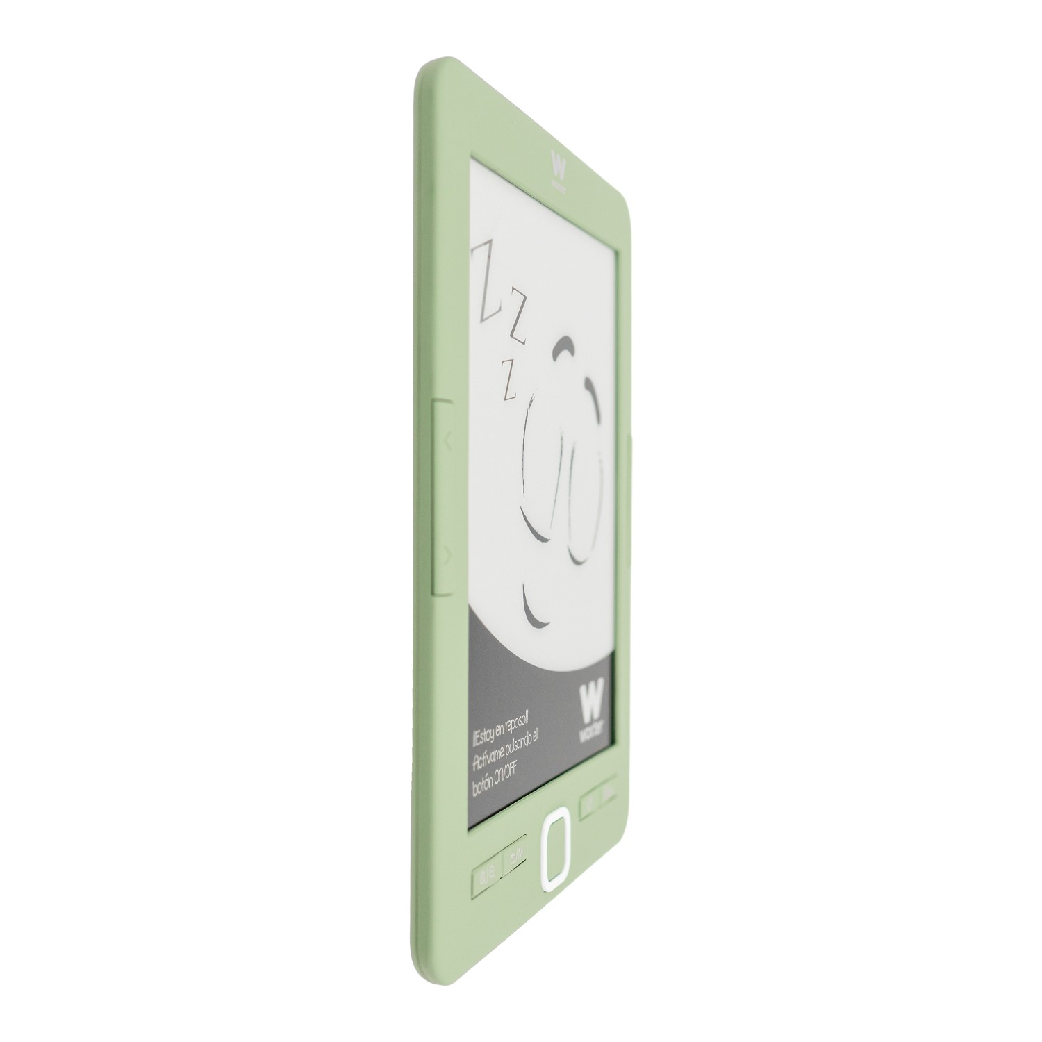 Un e-reader verde claro con icono de cara durmiendo y texto.