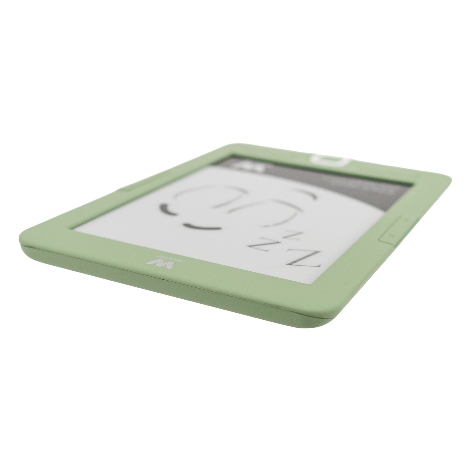 Un e-reader verde claro con un icono de cara durmiendo en la pantalla.