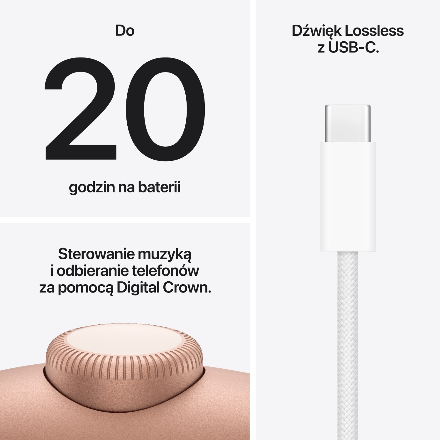 Do 20 godzin na baterii. Dźwięk Lossless z USB-C. Sterowanie muzyką przez Digital Crown.