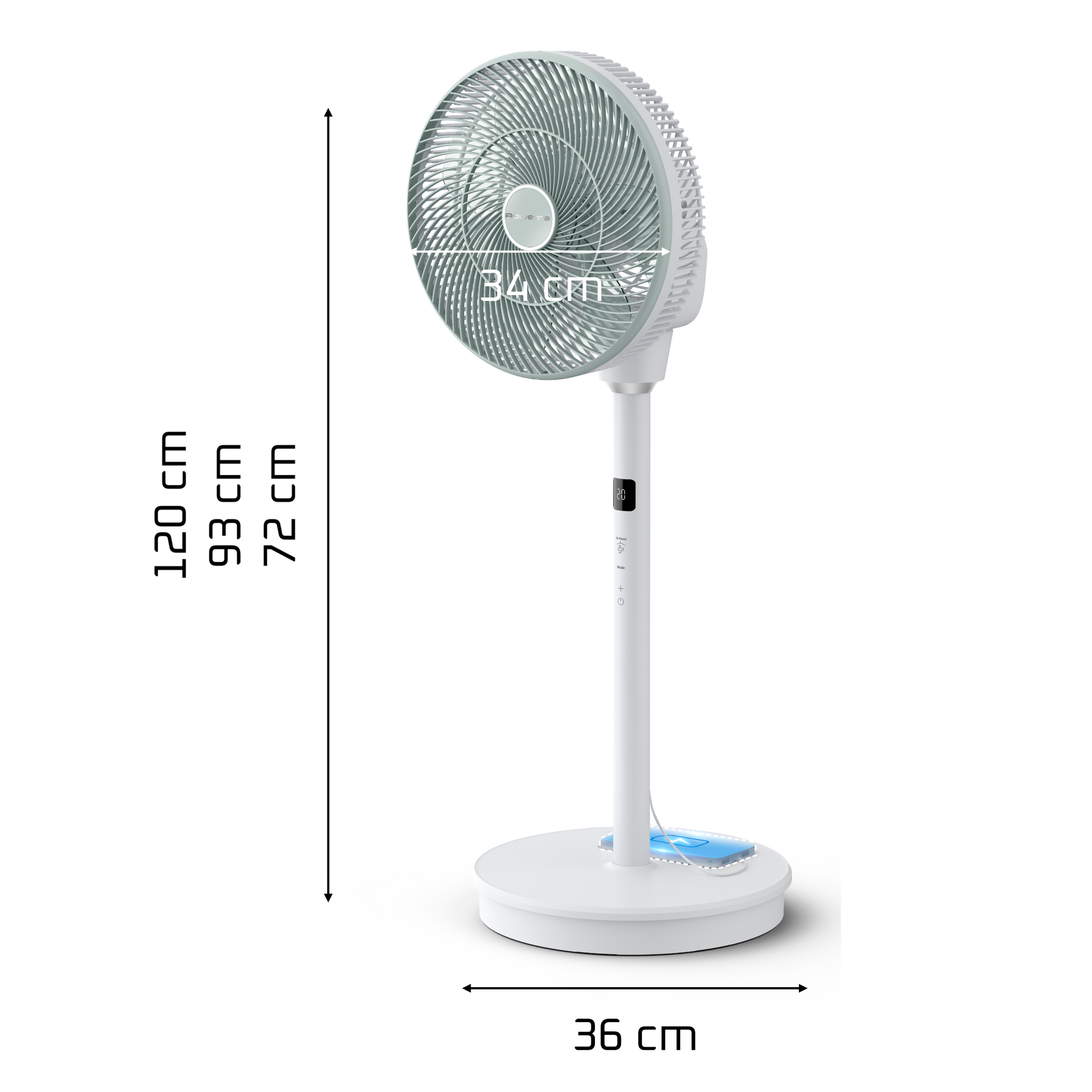Un ventilador de pie blanco con pantalla digital y 34cm de diámetro.