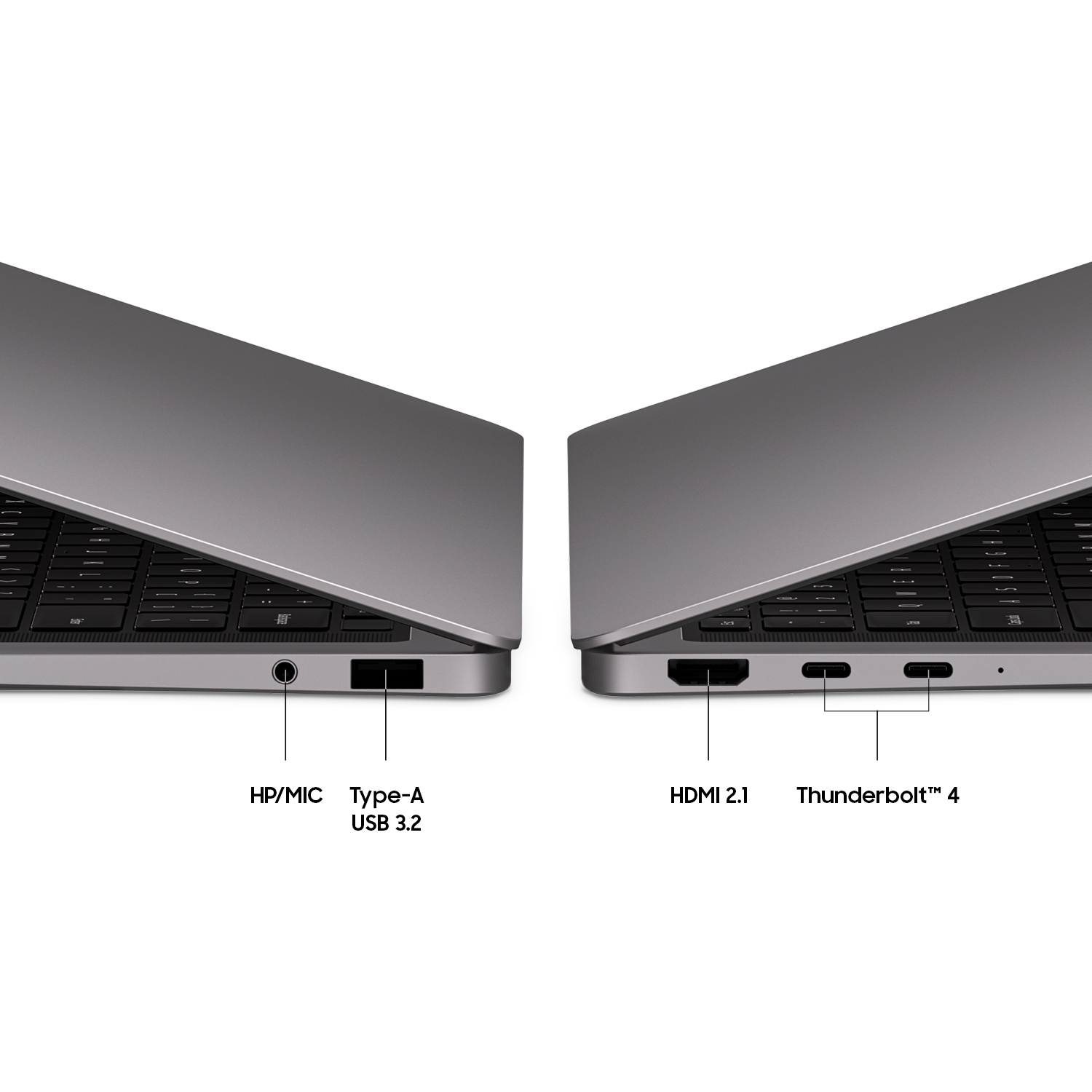Close-up of laptop ports: HP/MIC, USB-A 3.2, HDMI 2.1, Thunderbolt 4.