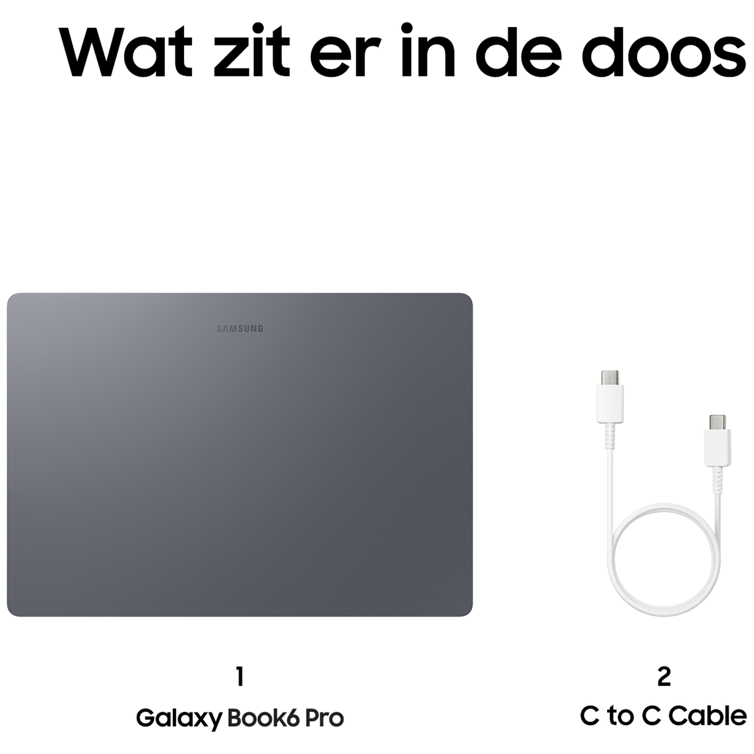 Samsung Galaxy Book6 Pro laptop and white USB-C cable on a white background.