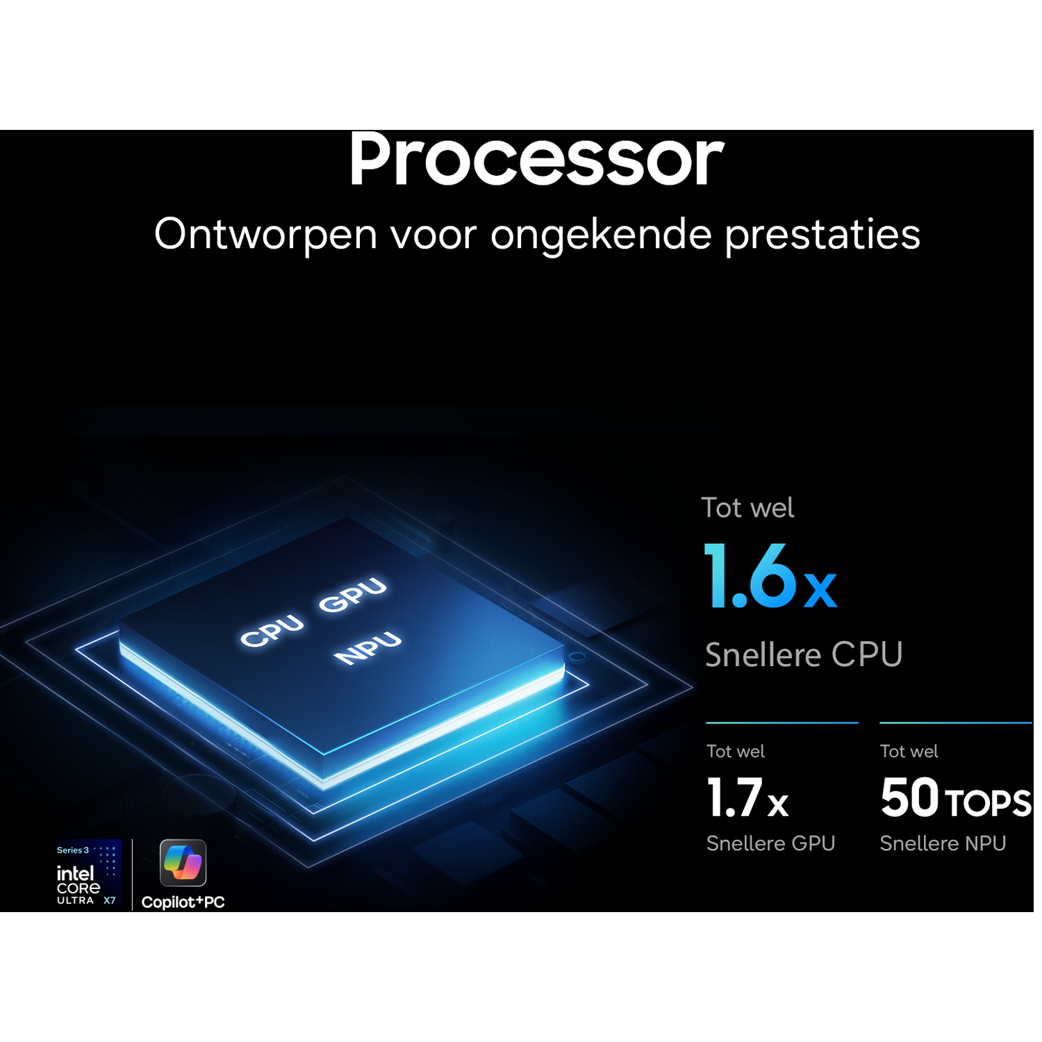 Processor with CPU, GPU, NPU. 1.6x faster CPU, 1.7x GPU, 50 TOPS NPU.