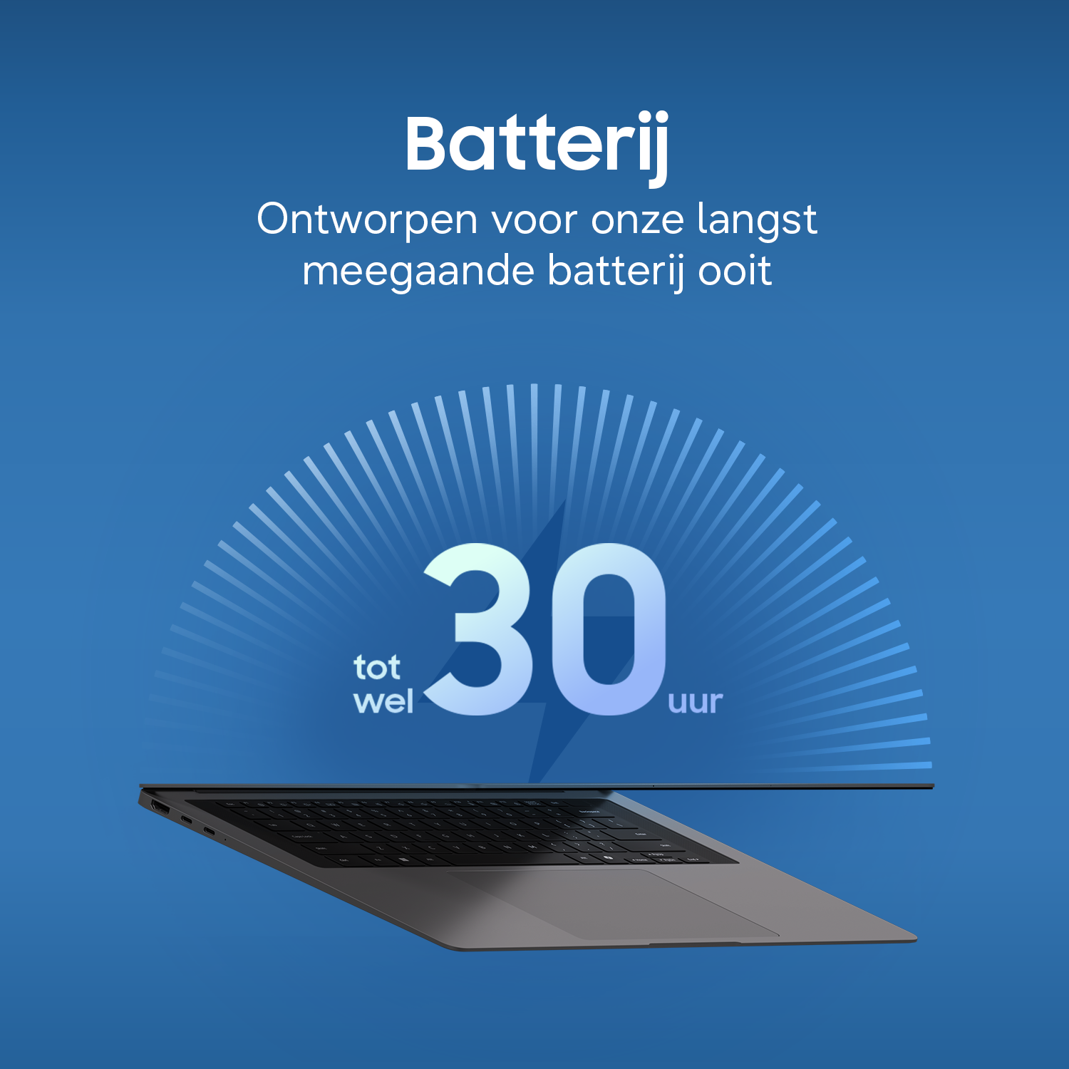 Gray laptop with 30 hours battery life, blue background graphic.
