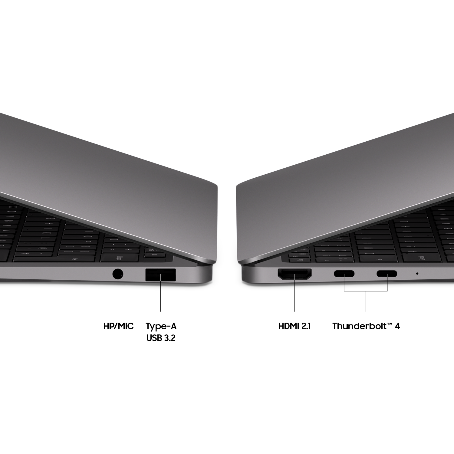 Close-up of laptop ports: HP/MIC, USB-A 3.2, HDMI 2.1, Thunderbolt 4.