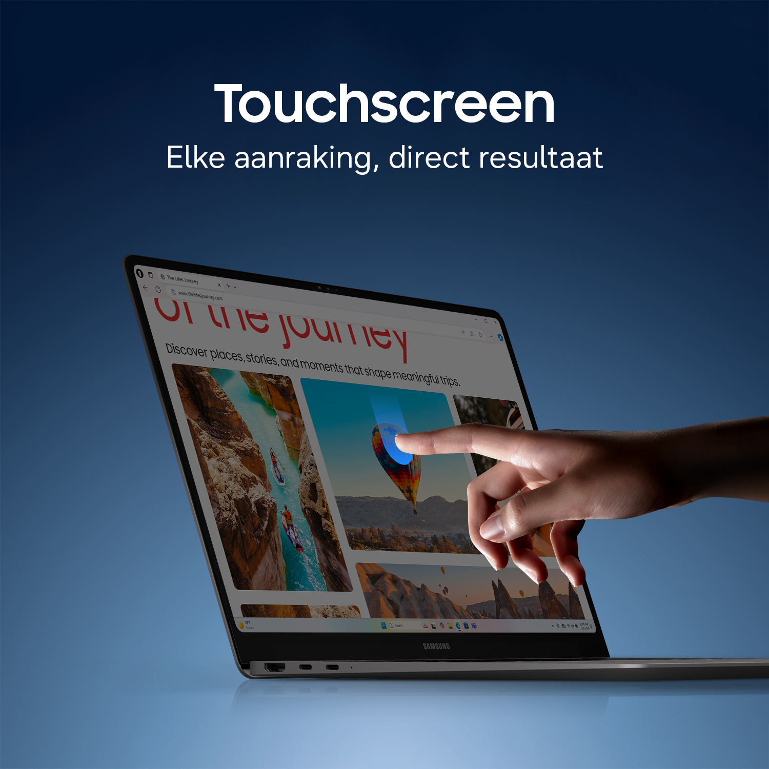 A finger taps on a laptop screen displaying travel images and text.
