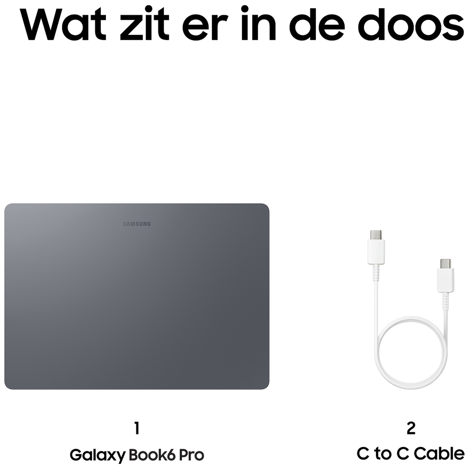 A gray Samsung Galaxy Book6 Pro and a white USB-C cable.