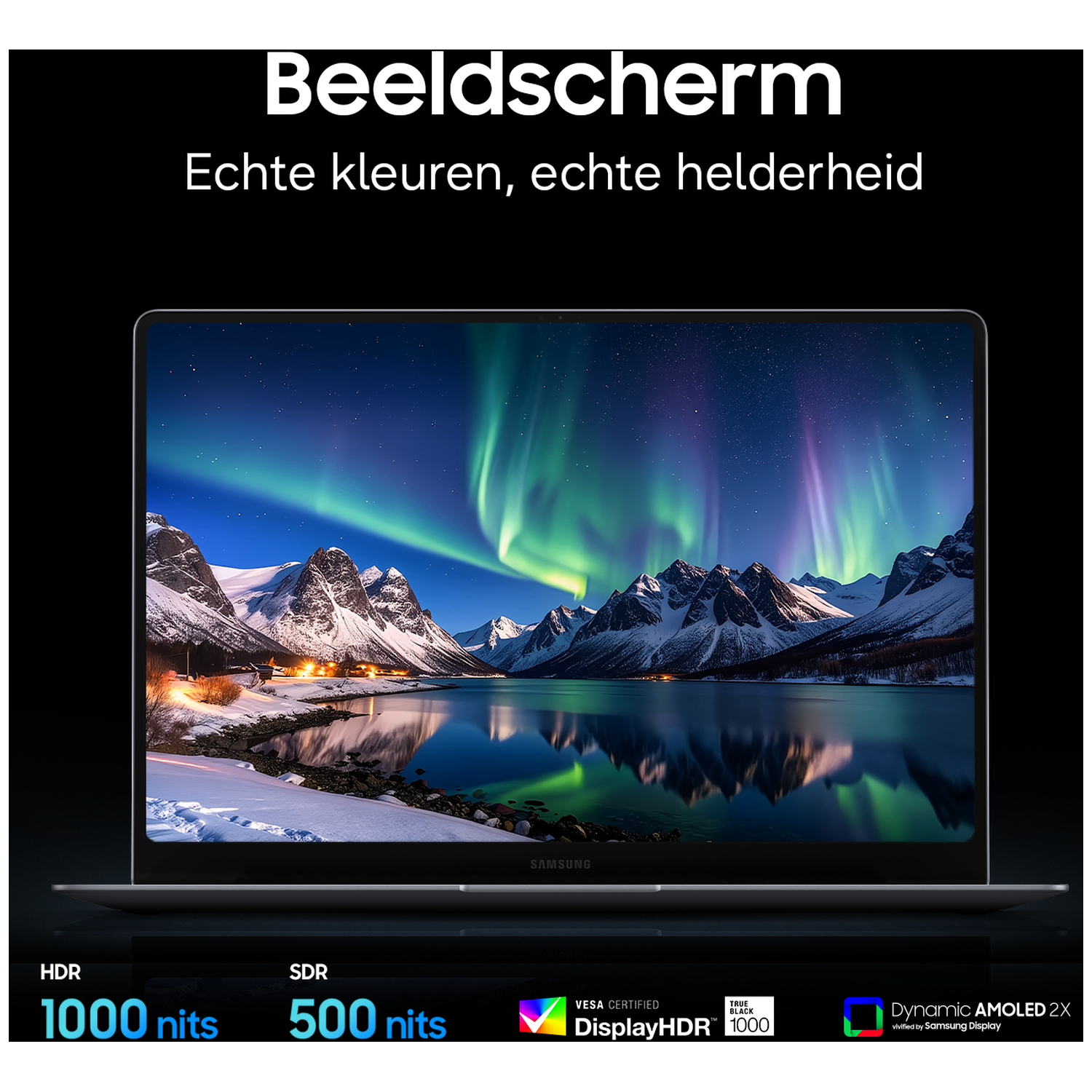 Laptop screen displays Northern Lights over snowy mountains and a lake.