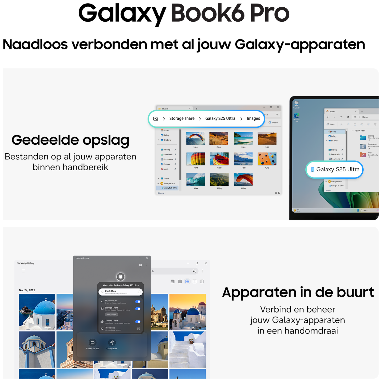 Galaxy Book6 Pro shows shared storage and nearby devices. Files and images are visible.