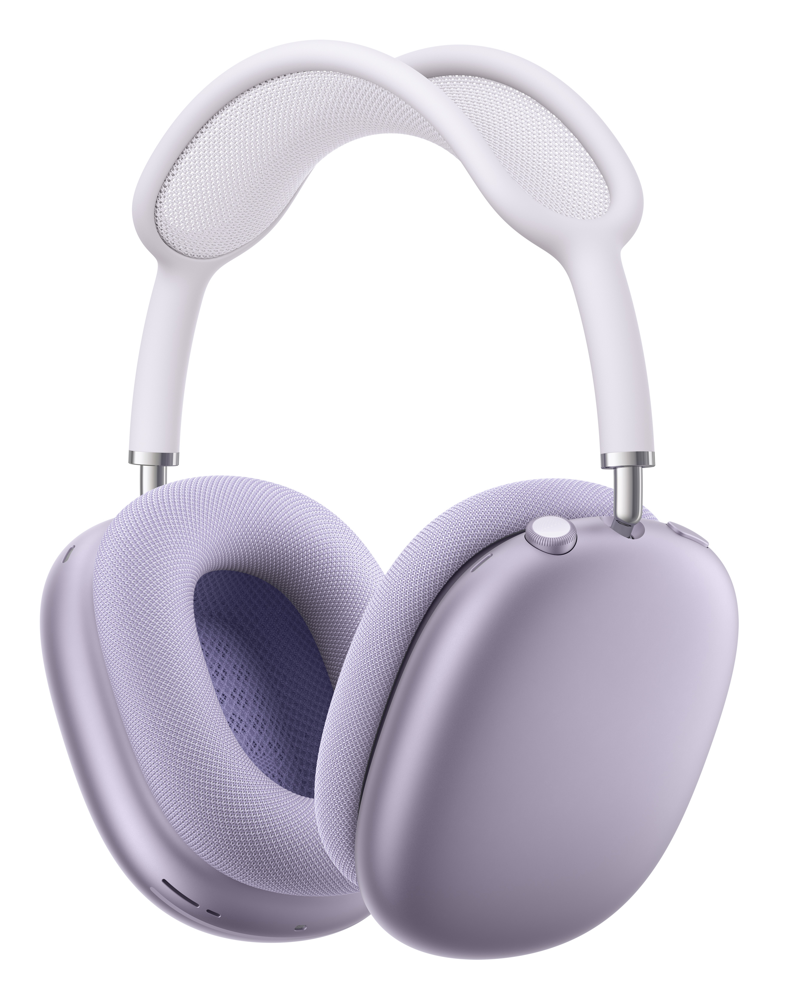 Fioletowe słuchawki z białym pałąkiem i materiałowymi nausznikami.