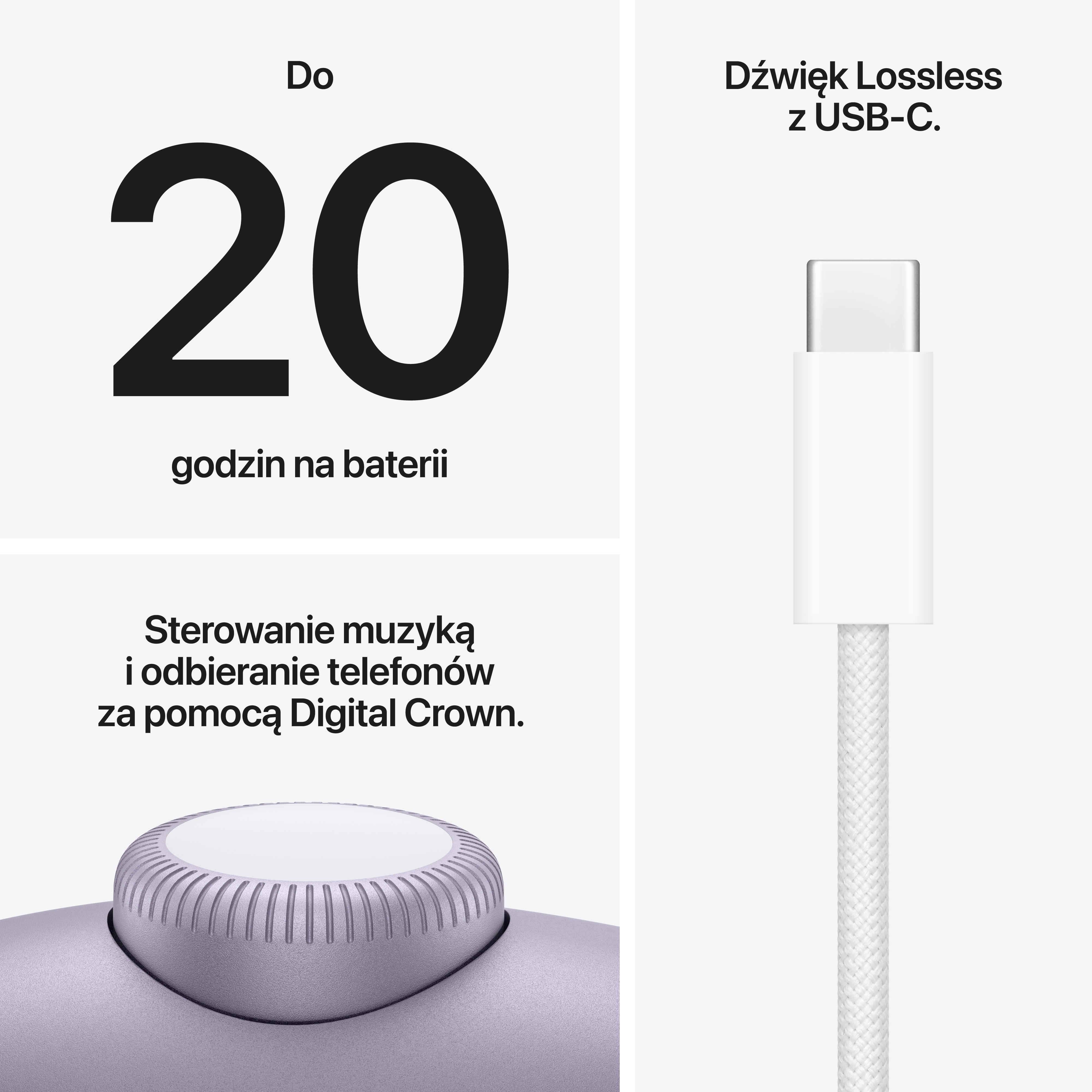 Duża liczba 20 dla 20 godzin pracy na baterii. Kabel USB-C.