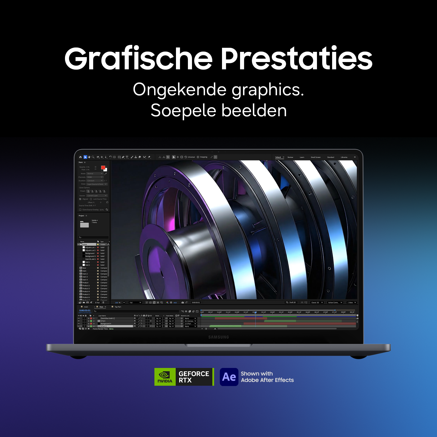 A laptop displays a 3D animation of a metallic object, with Nvidia GeForce RTX and Adobe After Effects logos.