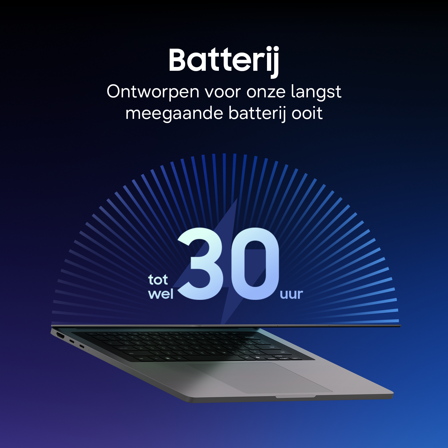 A laptop displaying "30 hours" of battery life.