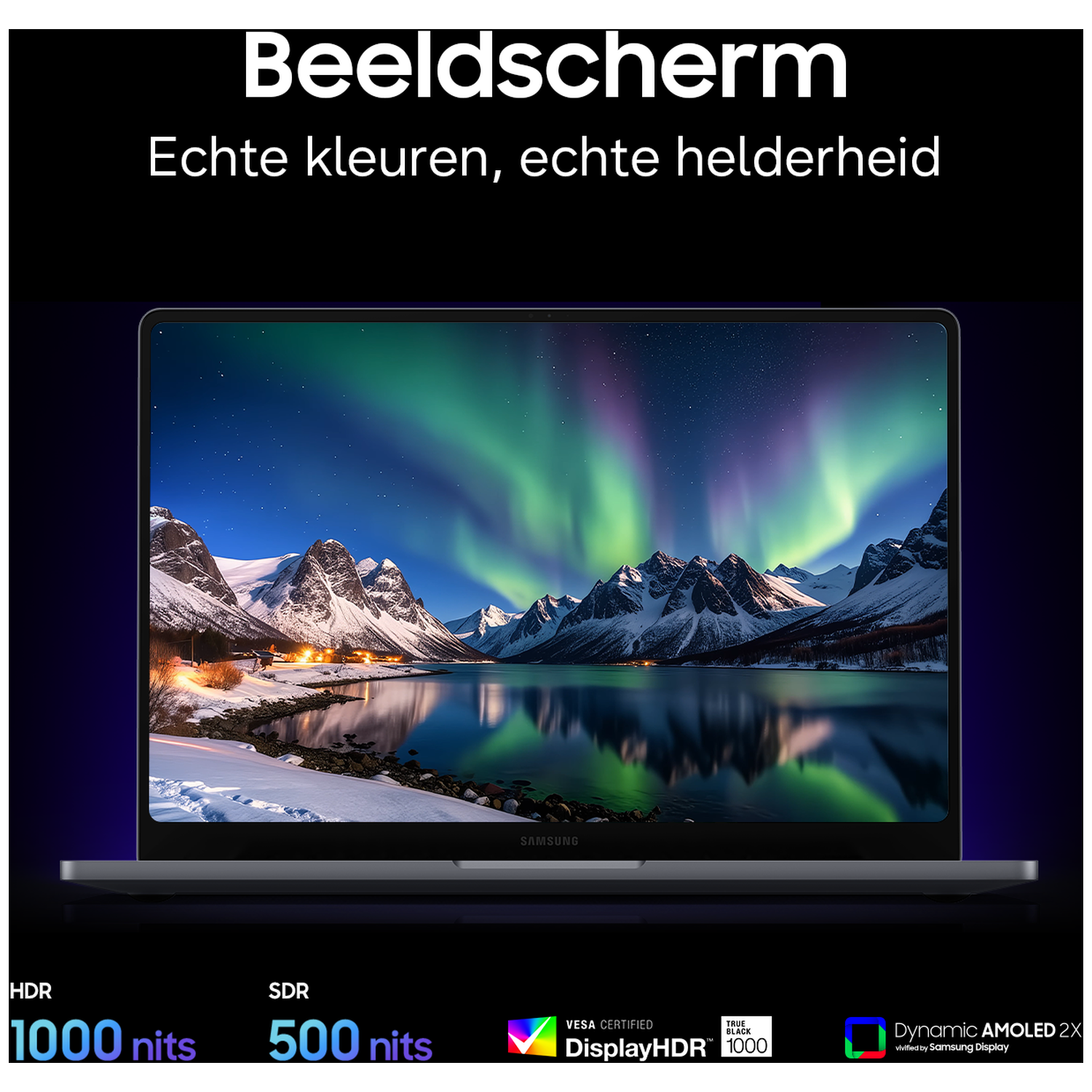 Laptop displays Northern Lights over snowy landscape, 1000 nits HDR.