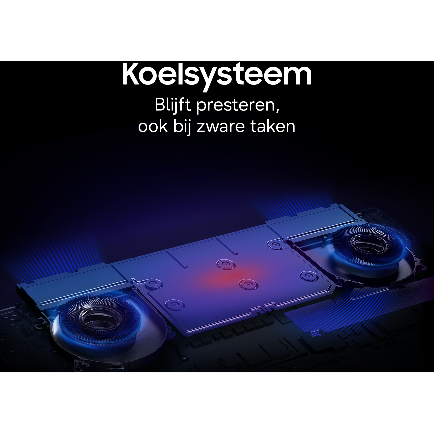 A laptop cooling system with two fans and blue cooling air streams.