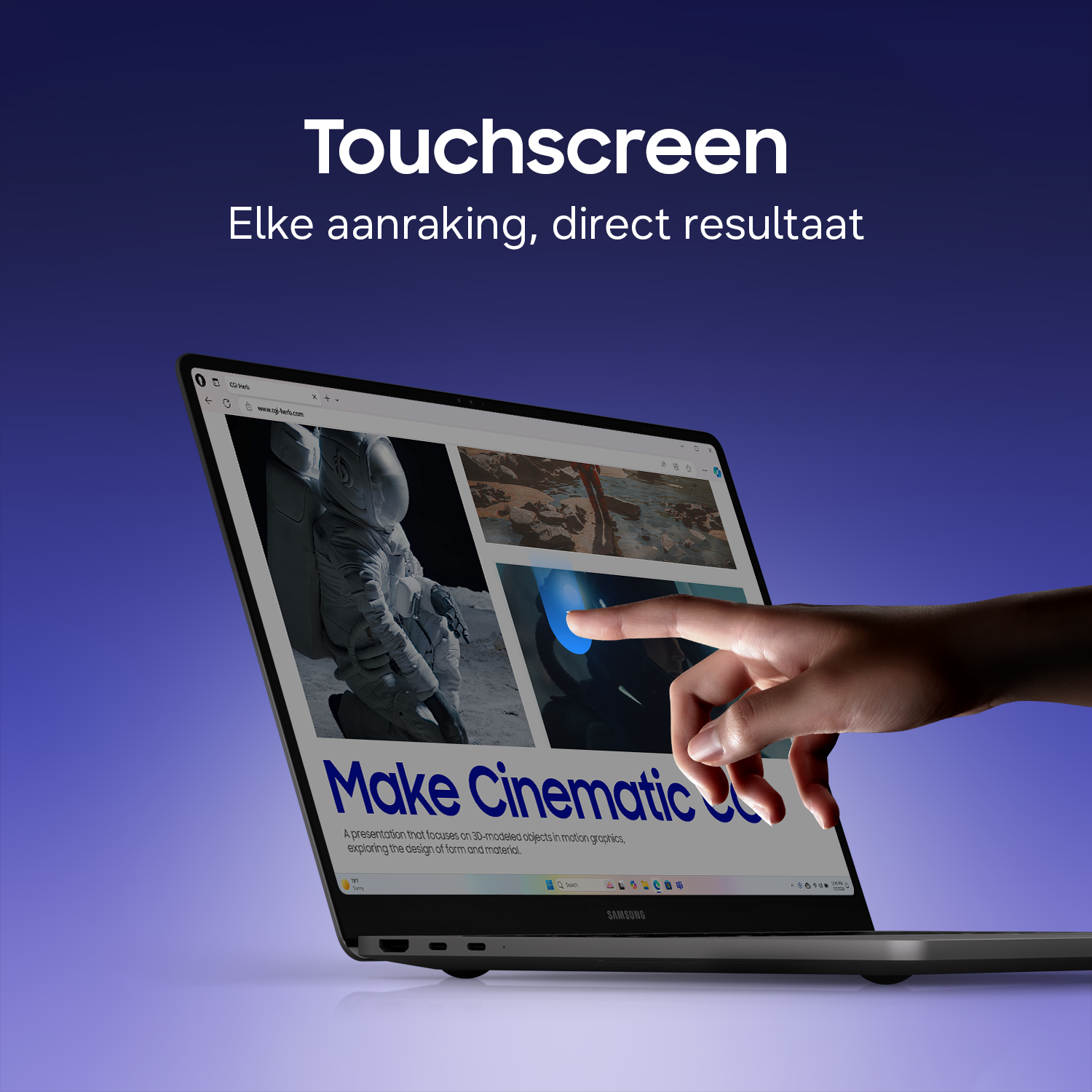 A finger taps a laptop screen displaying a website about 3D graphics.