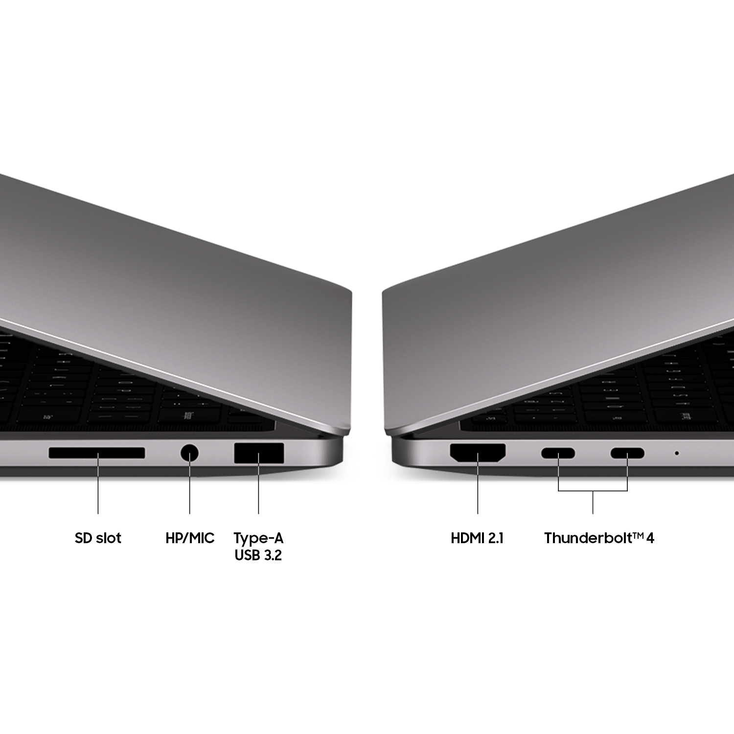 Side view of a laptop showing ports: SD slot, HP/MIC, USB-A, HDMI 2.1, Thunderbolt 4.